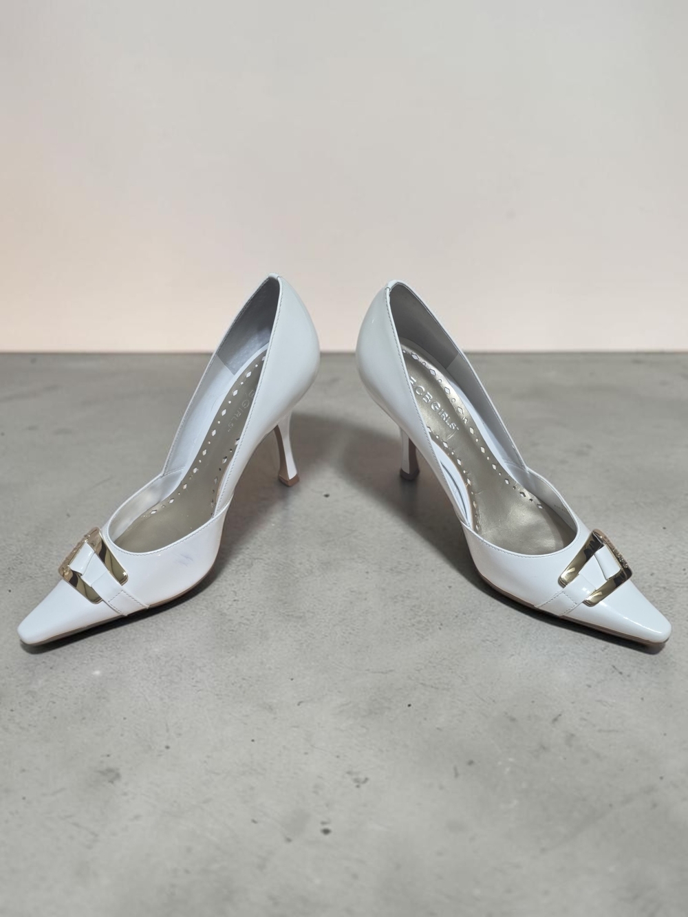 BCBGirls White Pointed Toe Heels with Gold Buckle